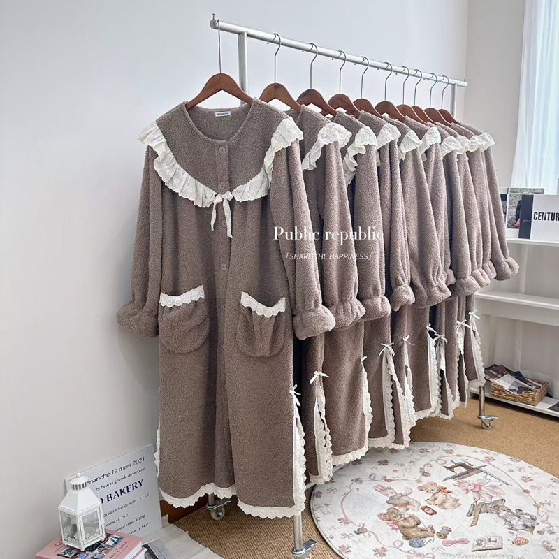 韩国public republic冬甜美厚绒保暖睡衣纯色公主宽松家居睡裙女