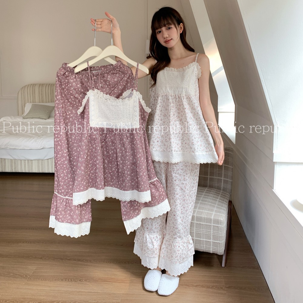 夏季纯棉甜美碎花吊带家居服女