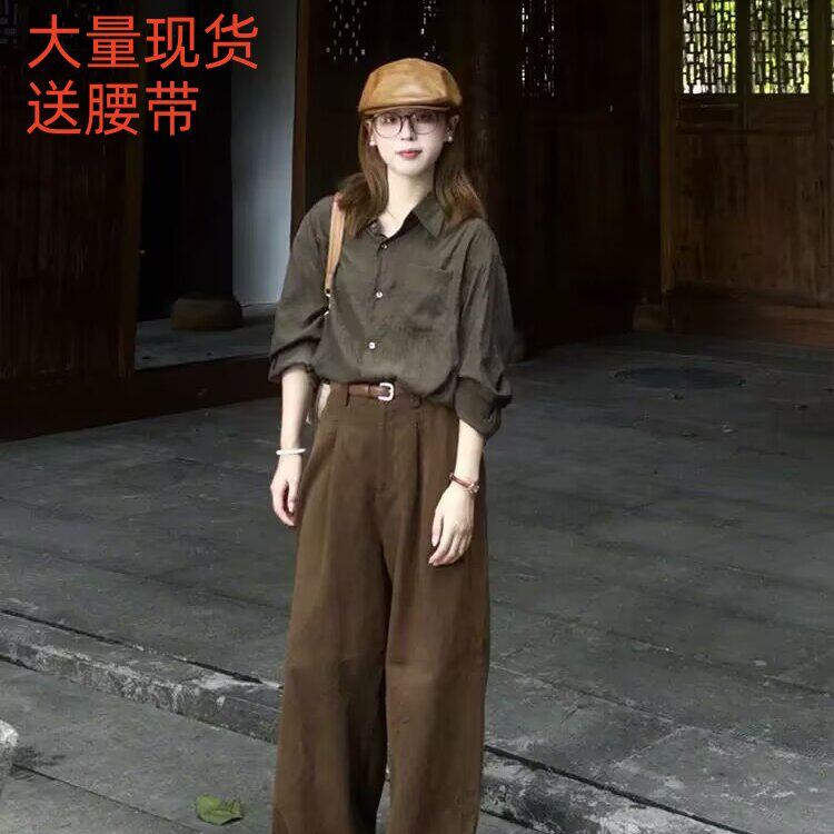 港风chic绝美套装简单大方polo领通勤衬衫上衣宽松显瘦百搭阔腿裤