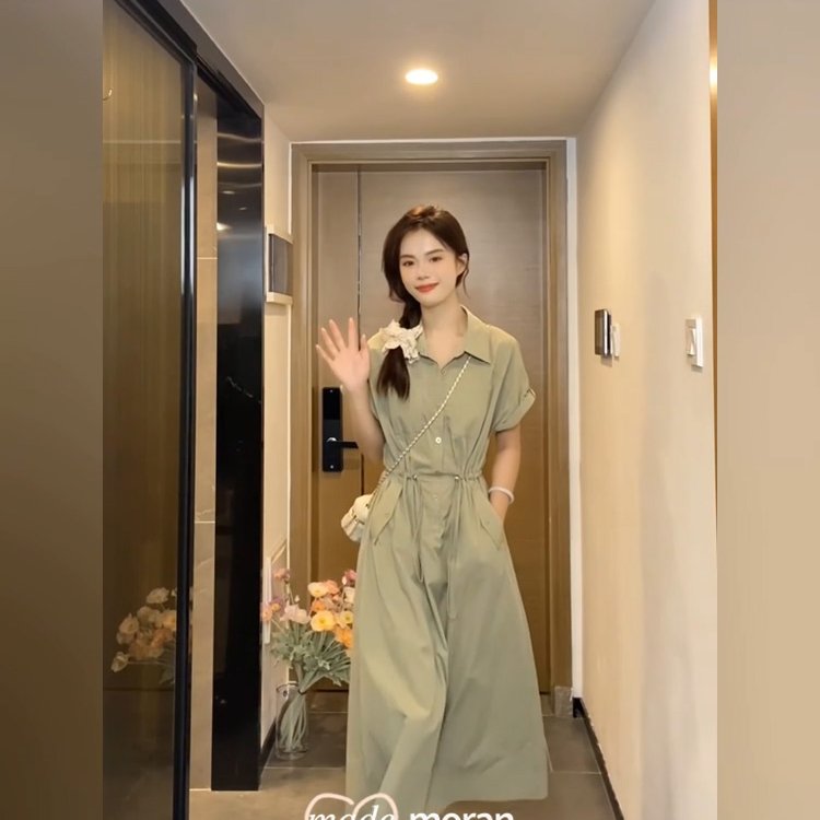 韩系简单大方绿色衬衫连衣裙女夏季休闲收腰显瘦气质松弛感长裙子