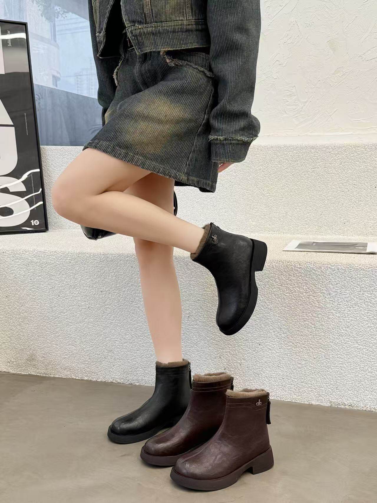 2025乐乐妙语冬季新款真皮加绒保暖毛口棉鞋女厚底防滑中筒马丁靴