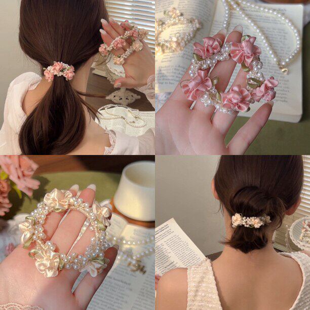 法式玫瑰的庄园油画风贝珠少女花朵发圈高弹力编织精品仙女头绳