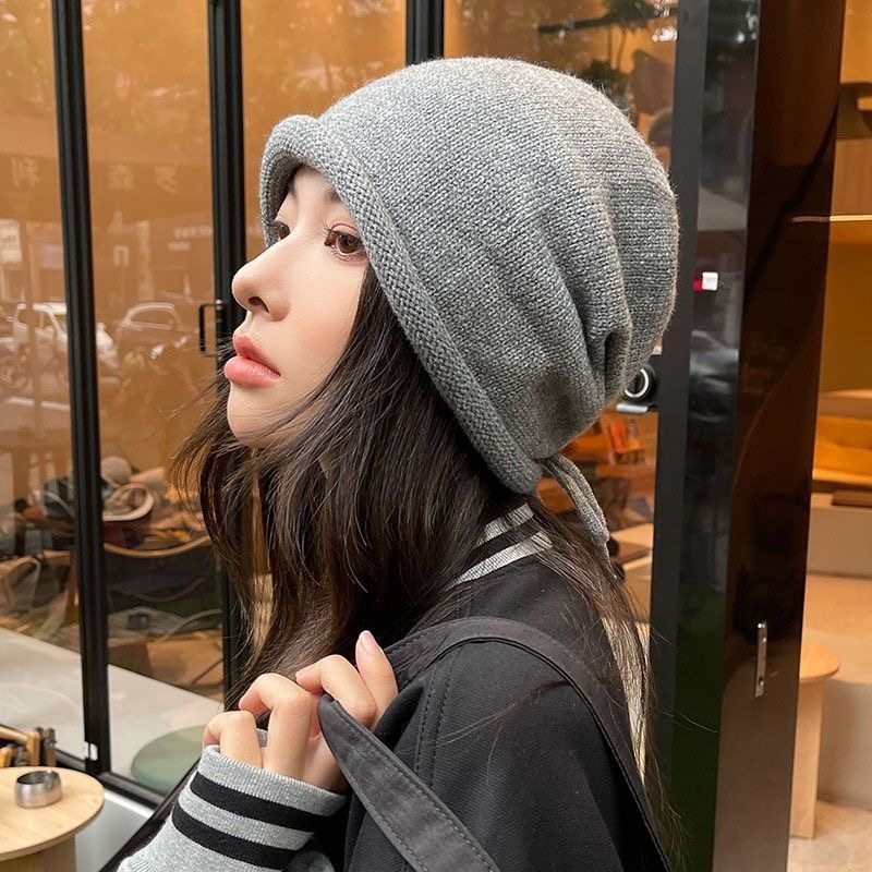 网红堆堆帽女秋冬日系显脸小包头冷帽大头围抽绳卷边针织毛线帽子