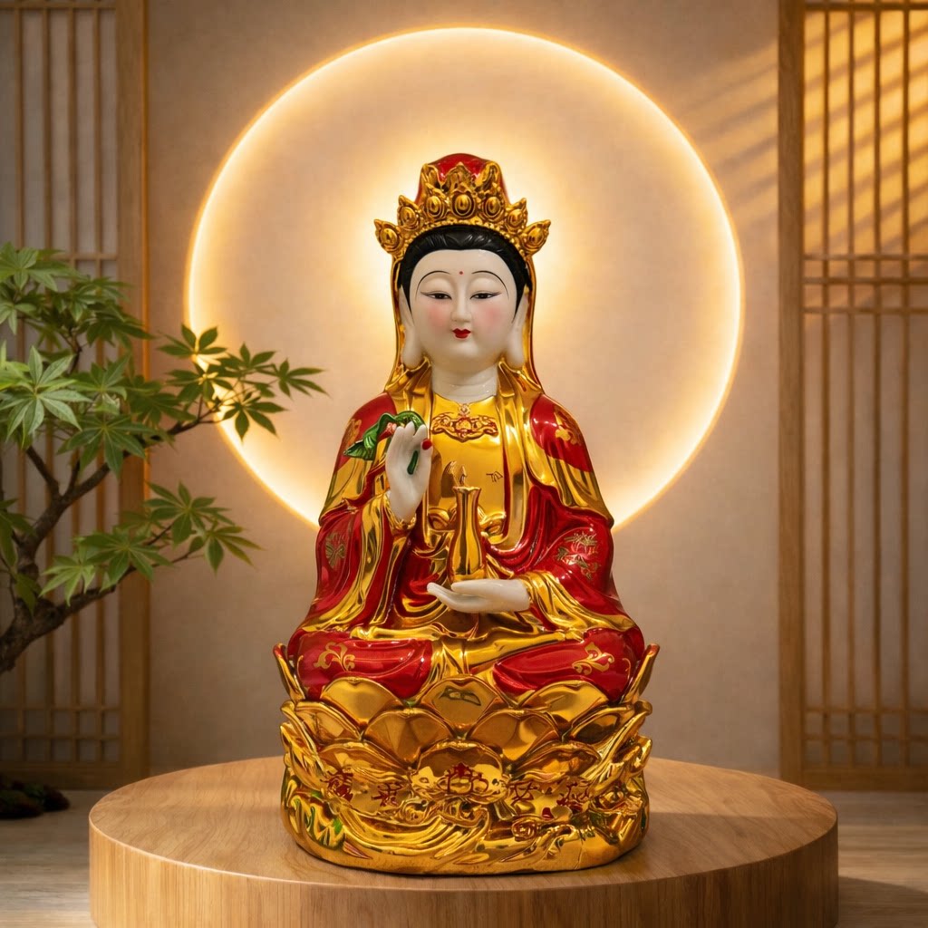 14寸陶瓷观音菩萨神像家用镇宅供奉摆件佛堂桌面装饰金光佛像