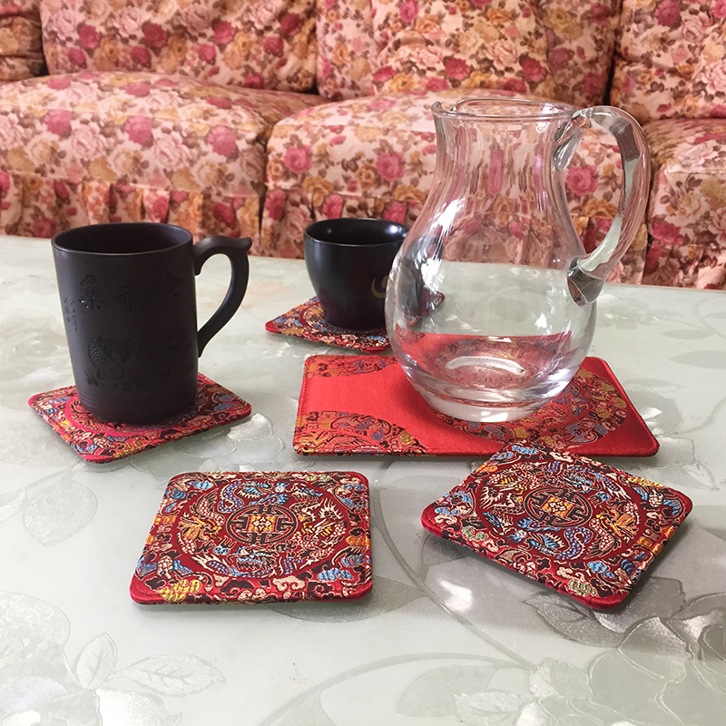 布艺隔热垫手工刺绣锦缎茶杯垫托中式宫廷民族复古风方形茶壶配件