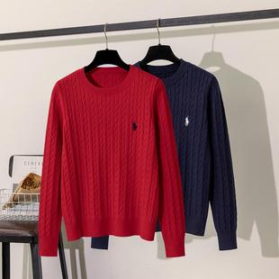 刺绣洋气内搭打底衫 本命年红色秋冬新款 复古套头麻花毛衣女针织衫