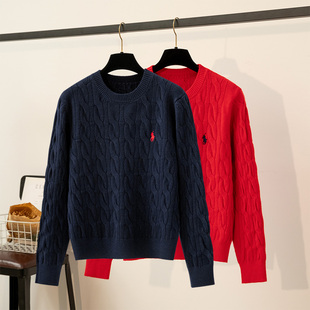 套头圆领大麻花毛衣女秋冬季 上衣 软糯加厚小马刺绣内搭针织打底衫