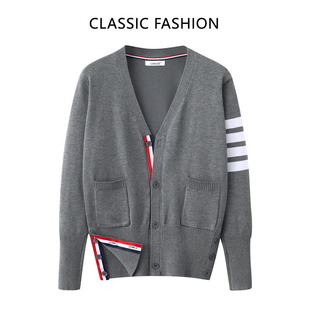 宽松百搭学院风大码 四条杠条纹男女情侣装 春秋季 针织开衫 外套 短款