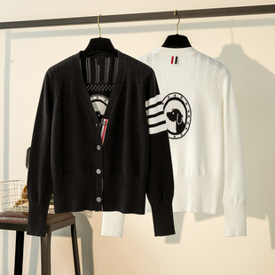 女小狗勋章洋气四道杠外套半镂空V领外搭上衣 针织开衫 春秋季 新款