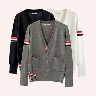 彩色条纹学院风毛衣短款 2026春秋新款 女双袖 宽松针织开衫 外套 长袖