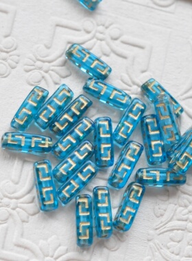 进口捷克珠15x5mm复古蓝色描金古希腊回纹管琉璃珠diy材料配件