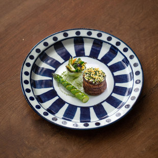 日本美浓烧青花复古线纹大盘 日式和风家用轻奢陶瓷餐盘 浅果盘