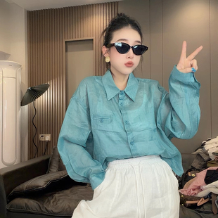 极简风蓝色苎麻衫 衬衫女宽松气质翻领衬衣短款齐腰外搭防晒上衣