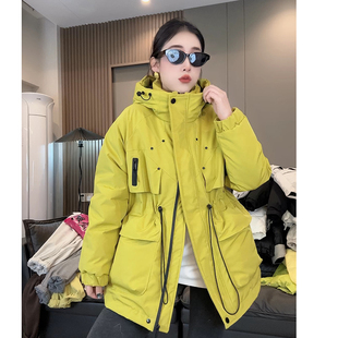 中长款连帽派克服加厚东北过冬绗棉抽绳收腰显瘦棉袄女士风衣棉服