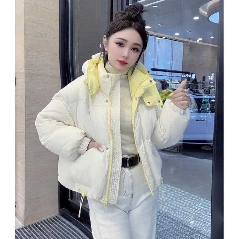 浅色系拼色棉服女短款加厚保暖连帽棉衣小个子时尚洋气冬季外套