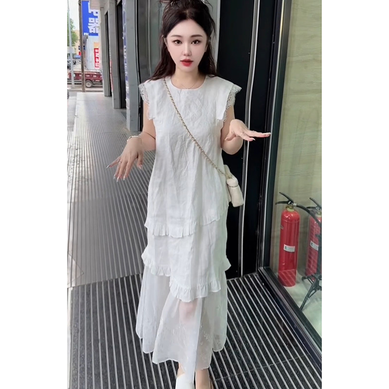 2026夏季法式连衣裙女苎麻刺绣网纱拼接长裙子小仙女显瘦长裙百搭