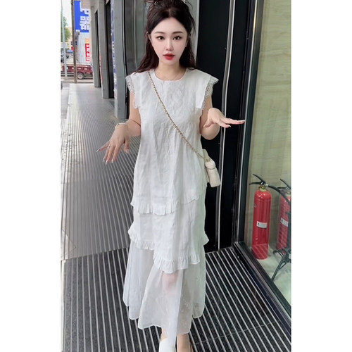 2026夏季法式连衣裙女苎麻刺绣网纱拼接长裙子小仙女显瘦长裙百搭