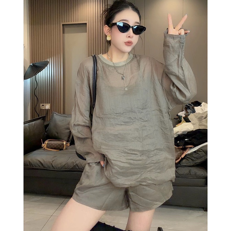 夏季圆领苎麻休闲两件套装女洋气宽松百搭减龄防晒T恤短裤两件套