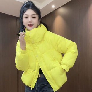 东北冬季流行大帽连帽短款棉衣女加厚面包服宽松黄色羽绒棉服外套