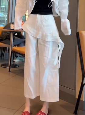 夏季新款苎麻裤子女带半截裤裙设计感小众麻裤子8 9分裤子阔腿裤