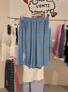 现~2025夏季新宽女芯宝韩国代购Venti百搭松紧腰刺绣条纹休闲短裤