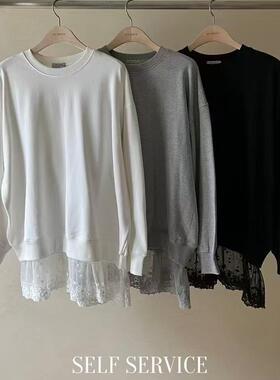 现2025春季新款女芯宝韩国代购self service宽松拼接花边长袖卫衣