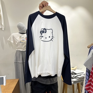 2026春季新女芯宝韩国代购ASSEMBLY圆领猫咪图案插肩撞色长袖T恤