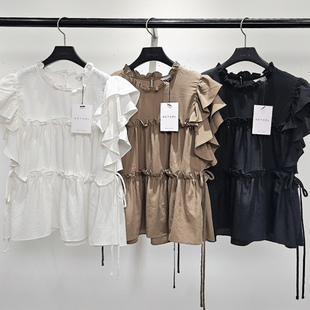 2025夏季新款女芯宝韩国代购BETHEL百搭纯色花边褶皱显瘦无袖衬衫