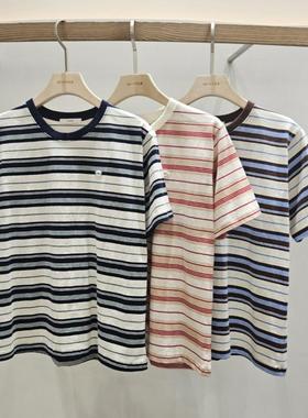 现~2025秋新款女芯宝韩国代购MONTER百搭经典拼色圆领条纹短袖T恤