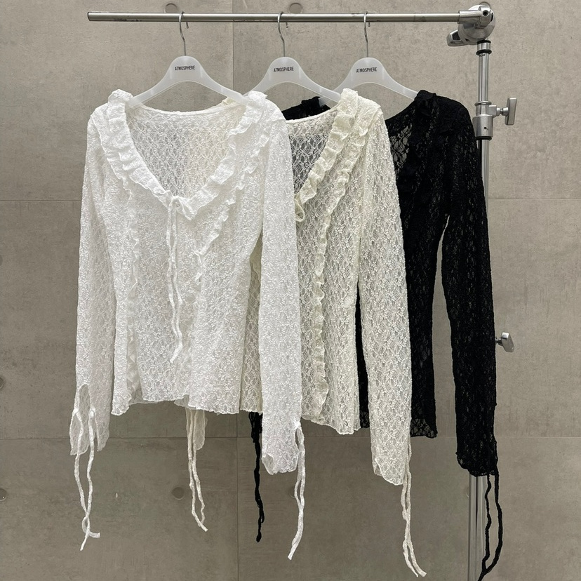 atmosphere甜美绑带荷叶长袖衬衫