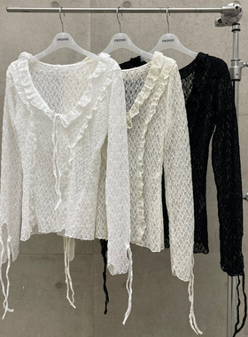 2025春夏新女芯宝韩国代购atmosphere甜美绑带荷叶边V领长袖衬衫