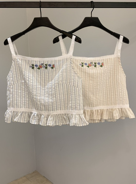 2025夏季新女芯宝韩国代购SOFTNESS百搭甜美拼色花朵褶皱吊带背心