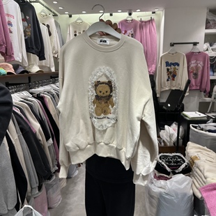 2025冬季 EVE百搭宽松圆领休闲加绒蕾丝小熊卫衣 新女芯宝韩国代购