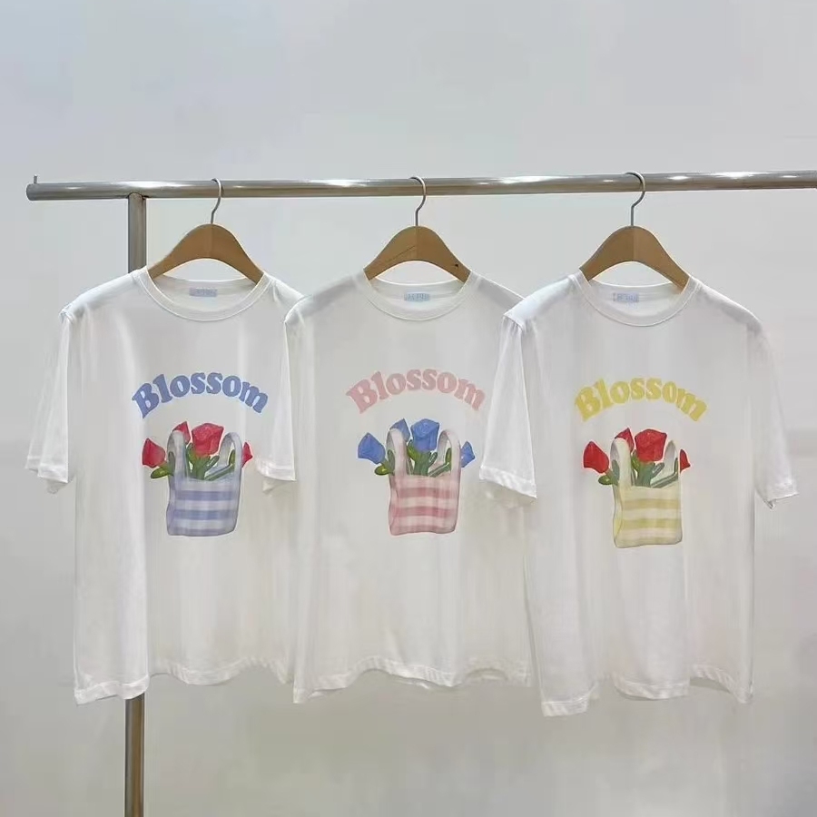 fure百搭蓝玫瑰字母图案短袖T恤