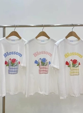 现~2025夏季新女芯宝韩国代购fure百搭蓝玫瑰字母图案宽松短袖T恤