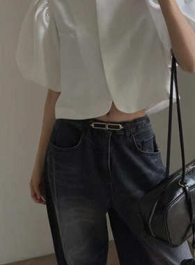 现~2025夏季新女芯宝韩国代购DEVENTI时尚泡泡袖暗扣短袖上衣外套