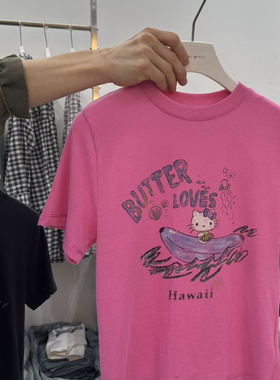 现2025春夏新女芯宝韩国代购VISUAL SPACE字母KITTY猫图案短袖T恤