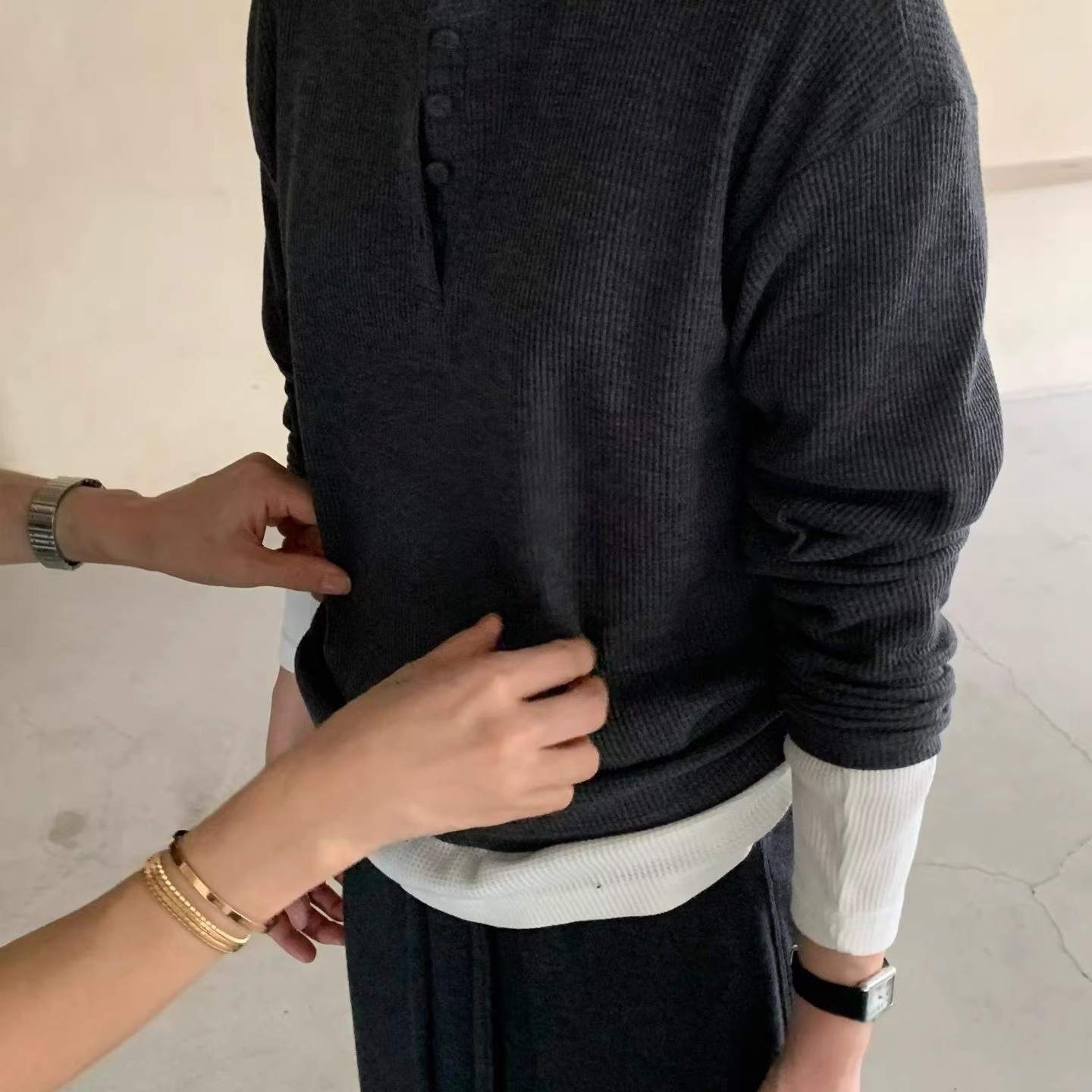 selfservice华夫格打底长袖T恤