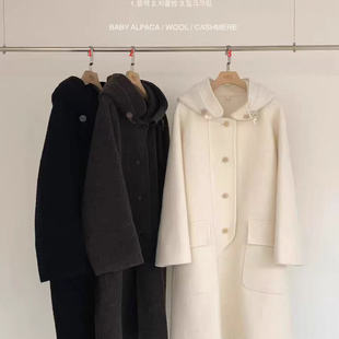 现~2025冬季新女芯宝韩国代购Egg鸡蛋家宽松连帽口袋羊绒大衣外套