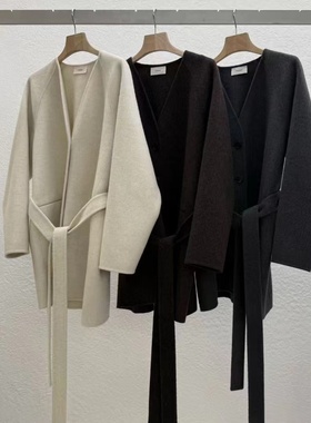 现~2025冬季新女芯宝韩国代购statement简约羊毛V领毛呢大衣外套