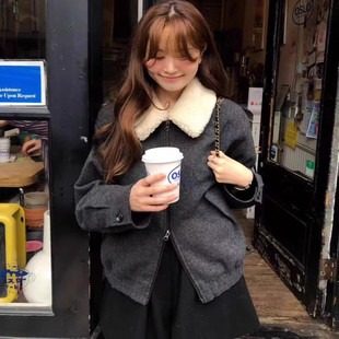 现~2025冬季新款女芯宝韩国代购ounce羊毛宽松毛领拉链夹克短外套