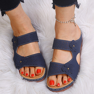 Women's Slippers 大码花朵坡跟复古一字凉拖鞋女35-43码