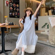 蓝色条纹短袖衬衫连衣裙女夏季2025新款韩系宽松中长款叠穿两件套