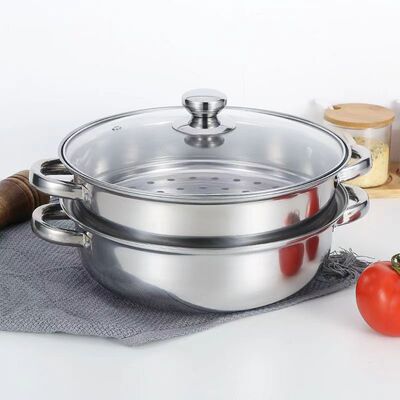 Steamer Pot不锈钢蒸锅28cm双层汤蒸锅多用汤锅火锅电磁炉彩盒