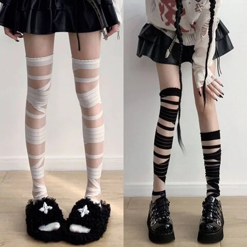 交叉长筒JK制服Lolita丝黑白长筒绷带过膝绑带日系