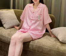 2025新款睡衣女夏季短袖短裤套装冰丝缎面休闲条纹可外穿家居服