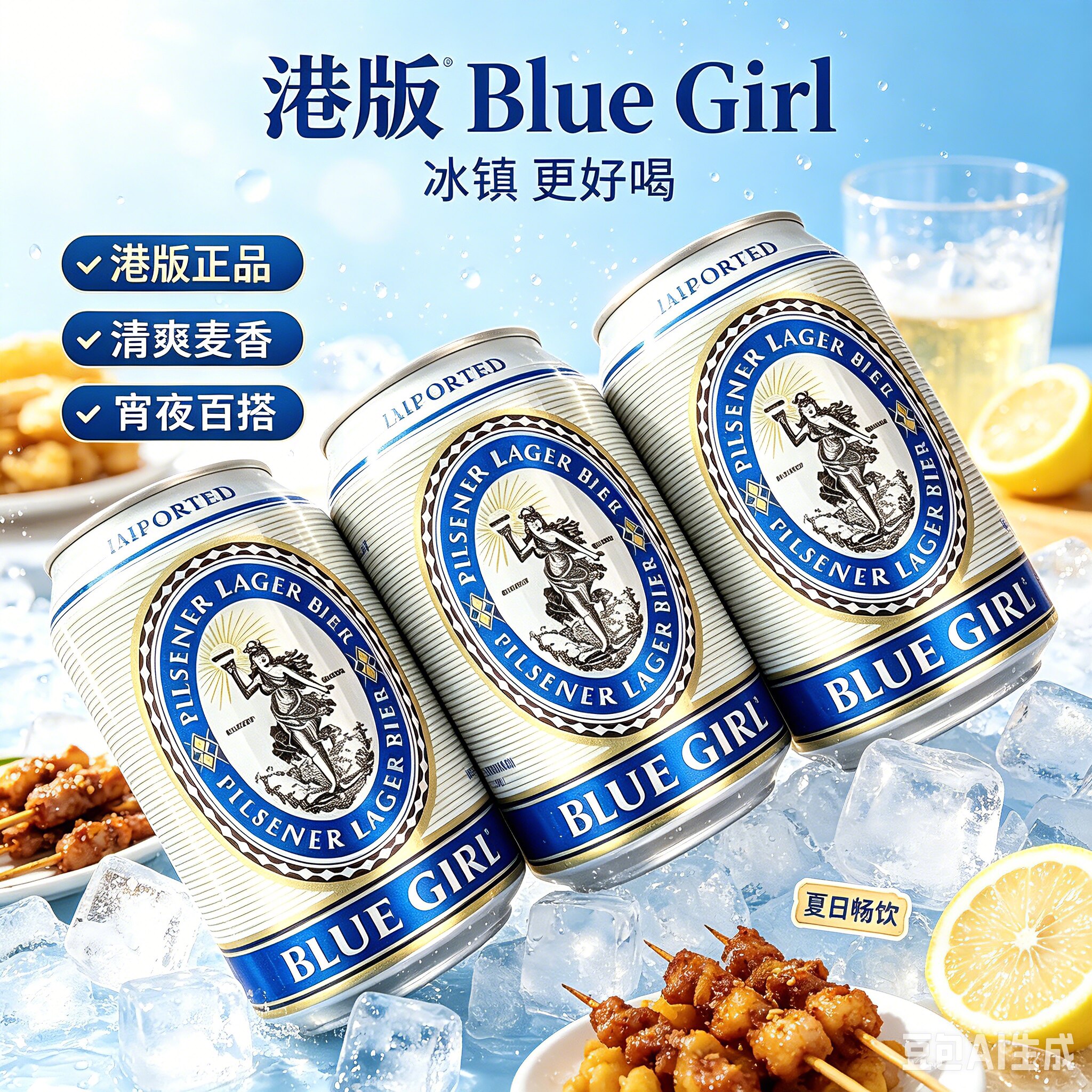 德国进口BLUE GIRL香港蓝妹啤酒330mlX6罐原装港版易拉罐