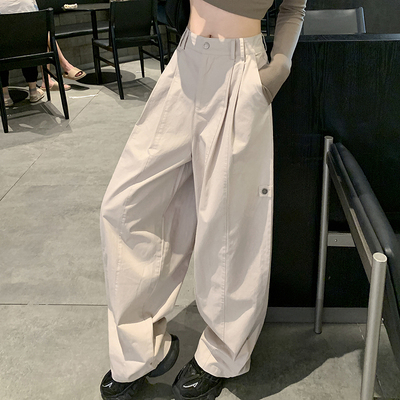 2026春秋小个子洗水休闲工装裤女高腰宽松汽球裤老钱风阔腿长裤