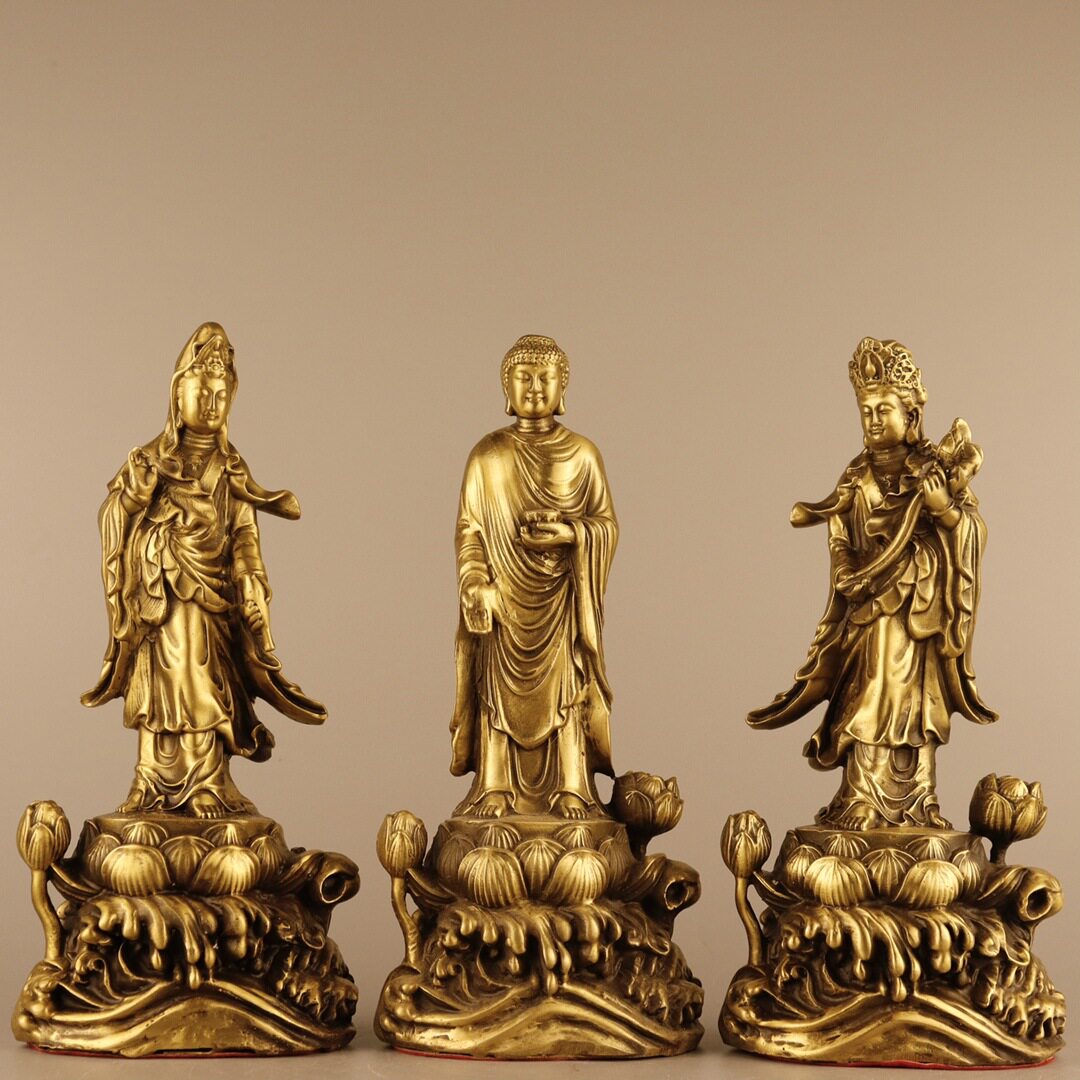 古韵斋 黄铜西方三圣摆件 铜站莲花三圣 家居装饰创意礼品工艺品