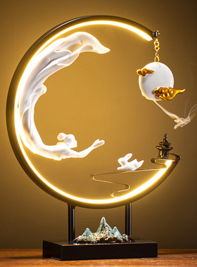 新中式禅意灯圈嫦娥奔月摆件创意倒流香炉家居客厅玄关电视柜装饰